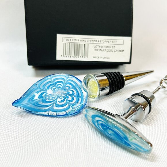 Art Glass Corkscrew & Stopper Set Teal White Iridescent Paragon Wine Accessories - Picture 5 of 11